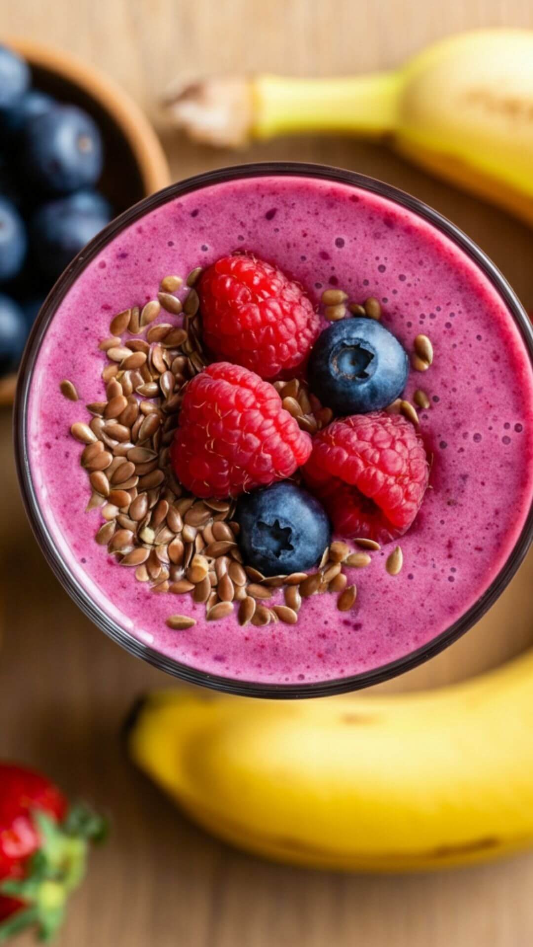 A vibrant overhead shot of a freshly blended Banana Berry Detox Smoothie in a clear glass, garnished with a sprinkle of flaxseeds and a few fresh berries on top. Surround the glass with key ingredients: a ripe banana, a small bowl of mixed berries (blueberries, raspberries, and strawberries), a handful of flaxseeds. Use natural lighting to highlight the bright colors and textures, and place everything on a light wooden surface for a fresh, wholesome feel.