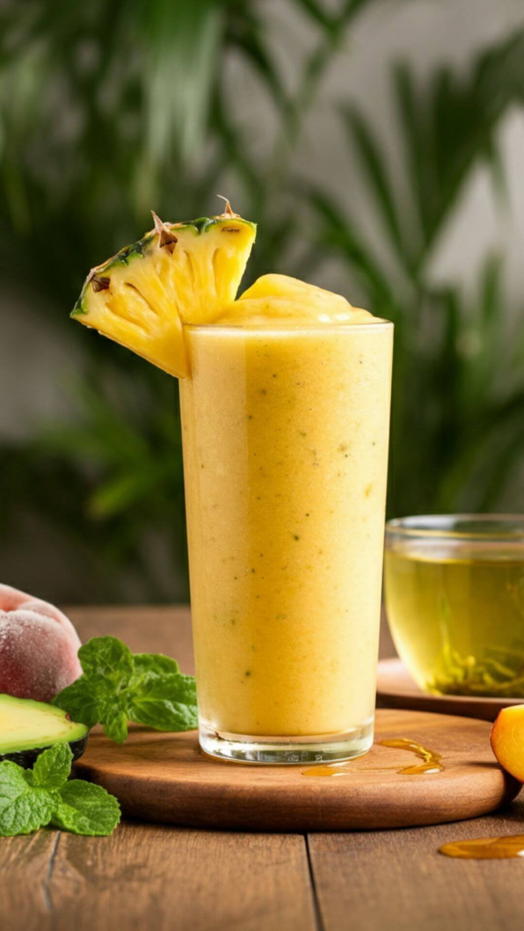 A vibrant tropical smoothie in a clear tall glass, garnished with a pineapple wedge, sitting on a wooden countertop. Surrounding the glass are fresh ingredients: a halved avocado, pineapple chunks, a frozen peach, a drizzle of honey, and a cup of chilled green tea. The background features a soft, natural light with a tropical feel.