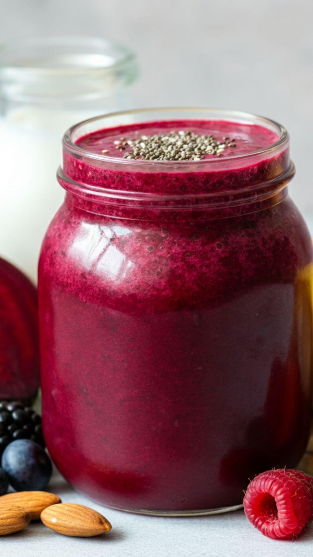 A vibrant smoothie in a clear glass jar, showcasing a rich purple-red hue from the blended beetroot and berries. The smoothie is topped with a sprinkle of chia seeds for texture. Surrounding the jar are fresh beetroot, mixed berries (blueberries, raspberries, and strawberries), a halved banana, and a small glass of almond milk, all placed on a white surface for a natural and wholesome feel. Bright, natural lighting highlights the fresh ingredients and smoothie texture. the background is light