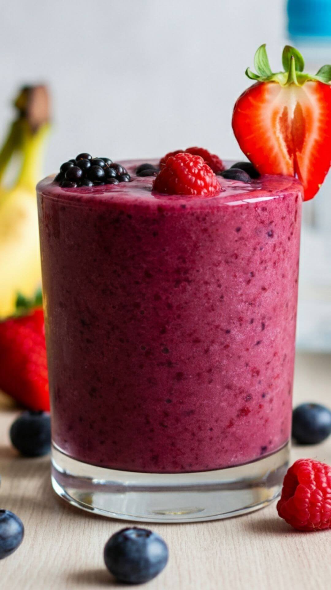 A vibrant, colorful smoothie in a clear glass, showcasing rich shades of red and purple from blended strawberries, blueberries, and raspberries. Garnish the smoothie with a fresh strawberry slice on the rim and a few scattered berries around the base of the glass. In the background, include a light wooden table, a banana, a bottle of coconut water, and a handful of fresh berries for a fresh and inviting look.