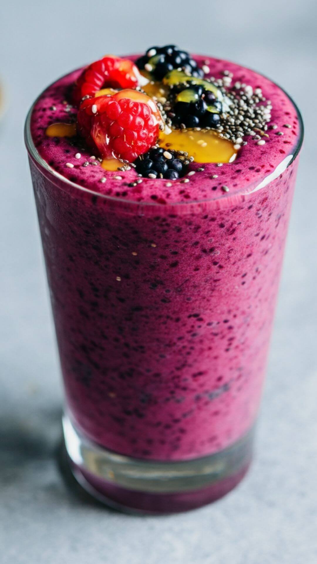 A vibrant smoothie in a tall glass, topped with fresh mixed berries, a sprinkle of chia seeds, and a drizzle of honey. The background is light.