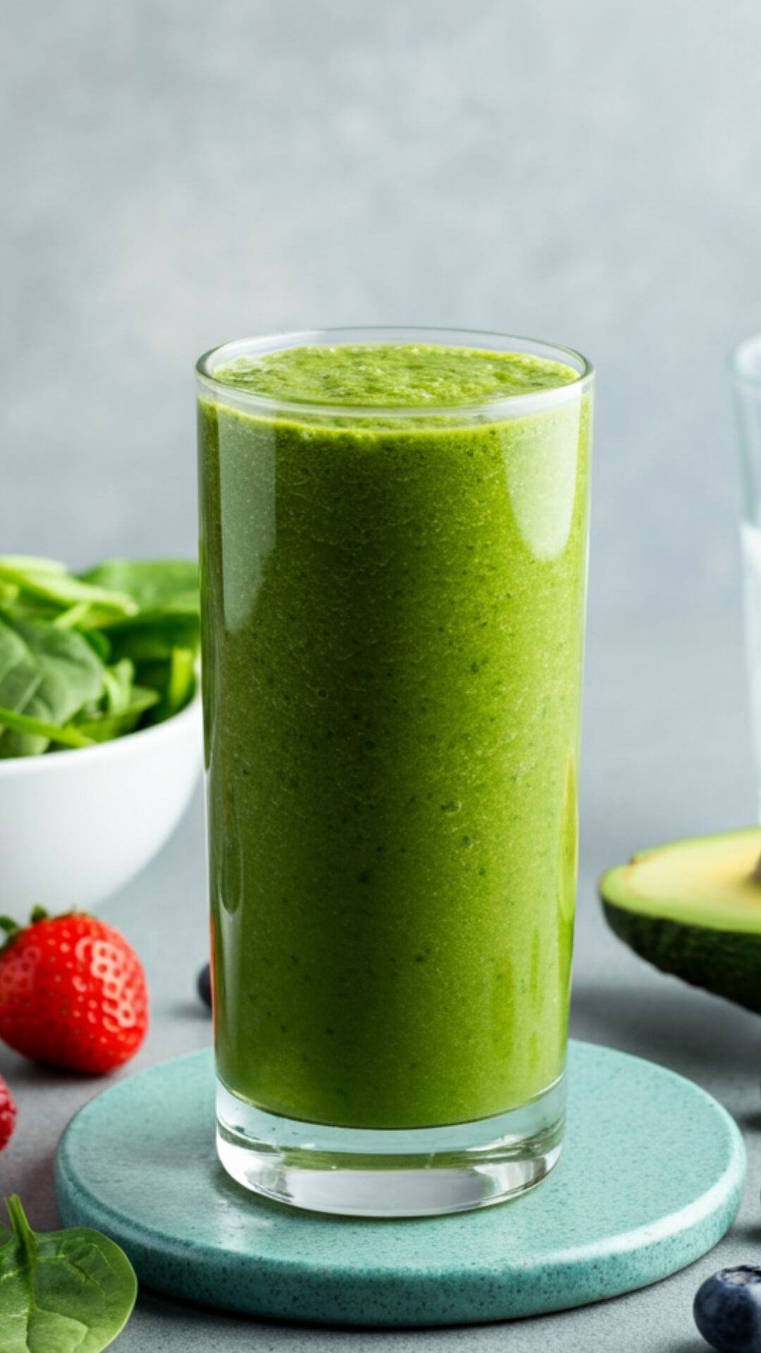 A vibrant smoothie recipe layout featuring a tall glass of a rich, green smoothie alongside fresh ingredients. Include a bowl of mixed greens (spinach and kale), a small dish of colorful mixed berries (blueberries, raspberries, strawberries), half an avocado, and a glass of cold water.  the background is light
