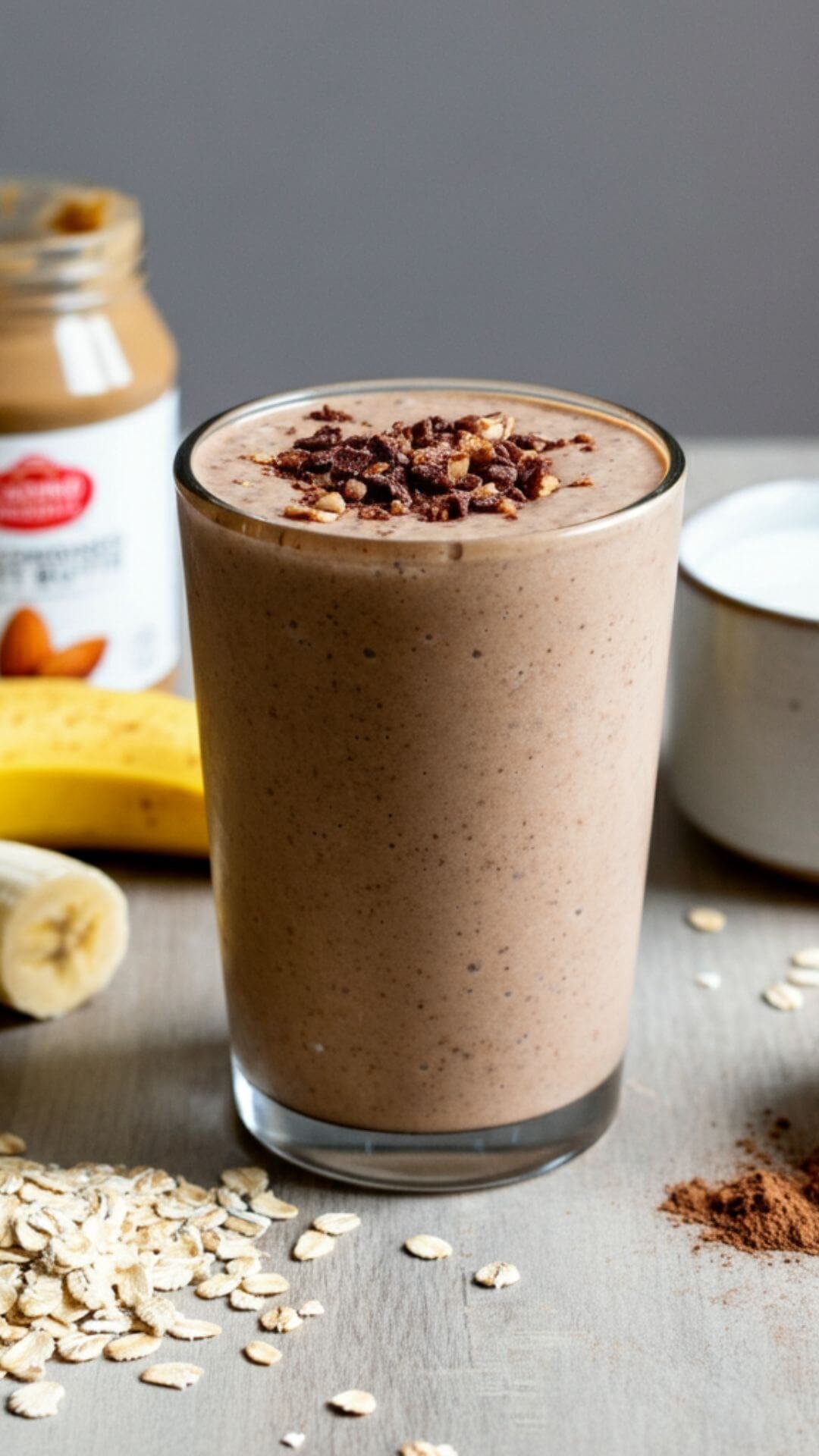 A cozy breakfast scene featuring a tall glass of creamy chocolate almond oatmeal smoothie, topped with a sprinkle of cocoa powder and a few rolled oats. Surround the glass with ingredients used in the recipe: a small pile of oats, a sliced frozen banana, a jar of almond butter, a cup of almond milk, and a spoonful of cocoa powder, all set on a light wooden table with soft, natural lighting.