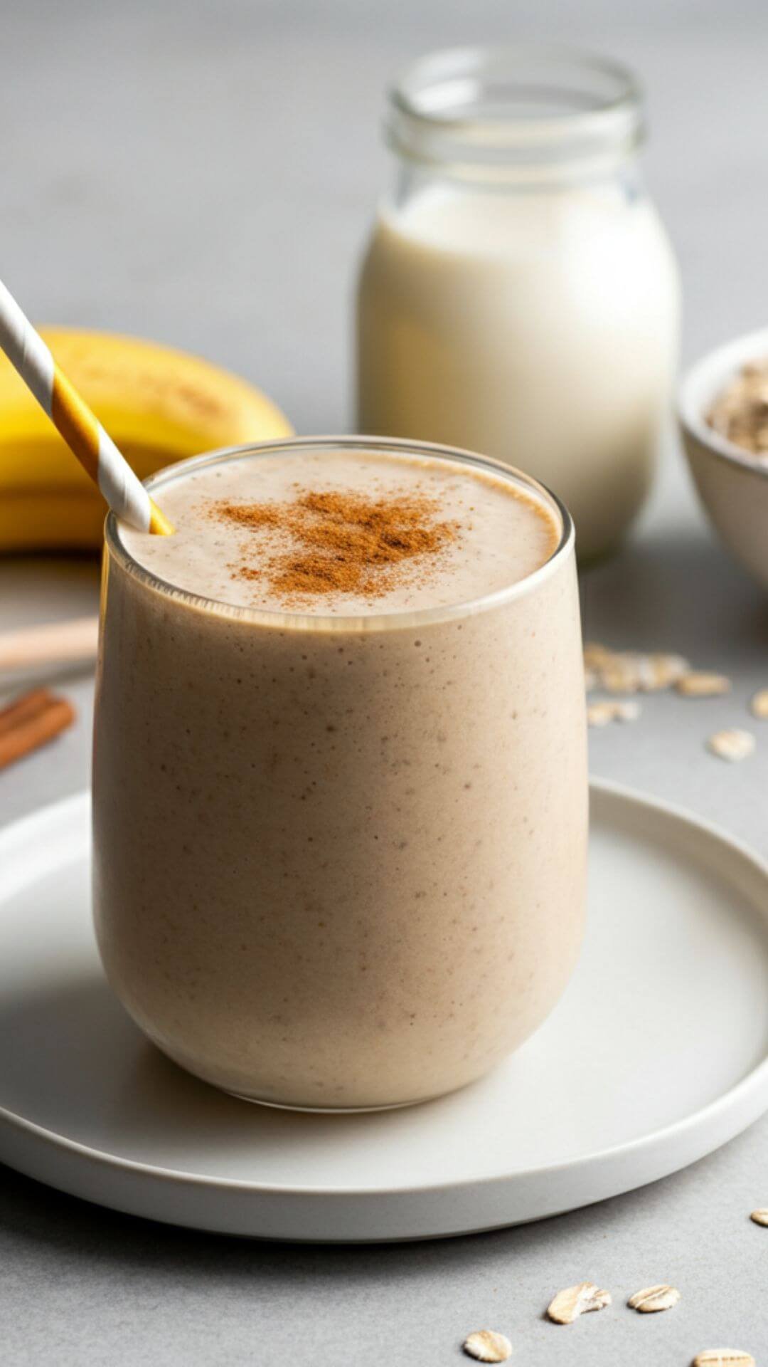 A glass of creamy cinnamon banana oatmeal smoothie placed on white dish. Surround the glass with its ingredients: a ripe banana, a small bowl of rolled oats, a cup of almond milk, a dash of cinnamon powder in a tiny jar, and a honey drizzle stick. Add a sprinkle of cinnamon on top of the smoothie and place a striped straw for a cozy, inviting touch. Ensure soft, natural lighting highlights the textures and colors for a fresh, wholesome vibe. the background is light
