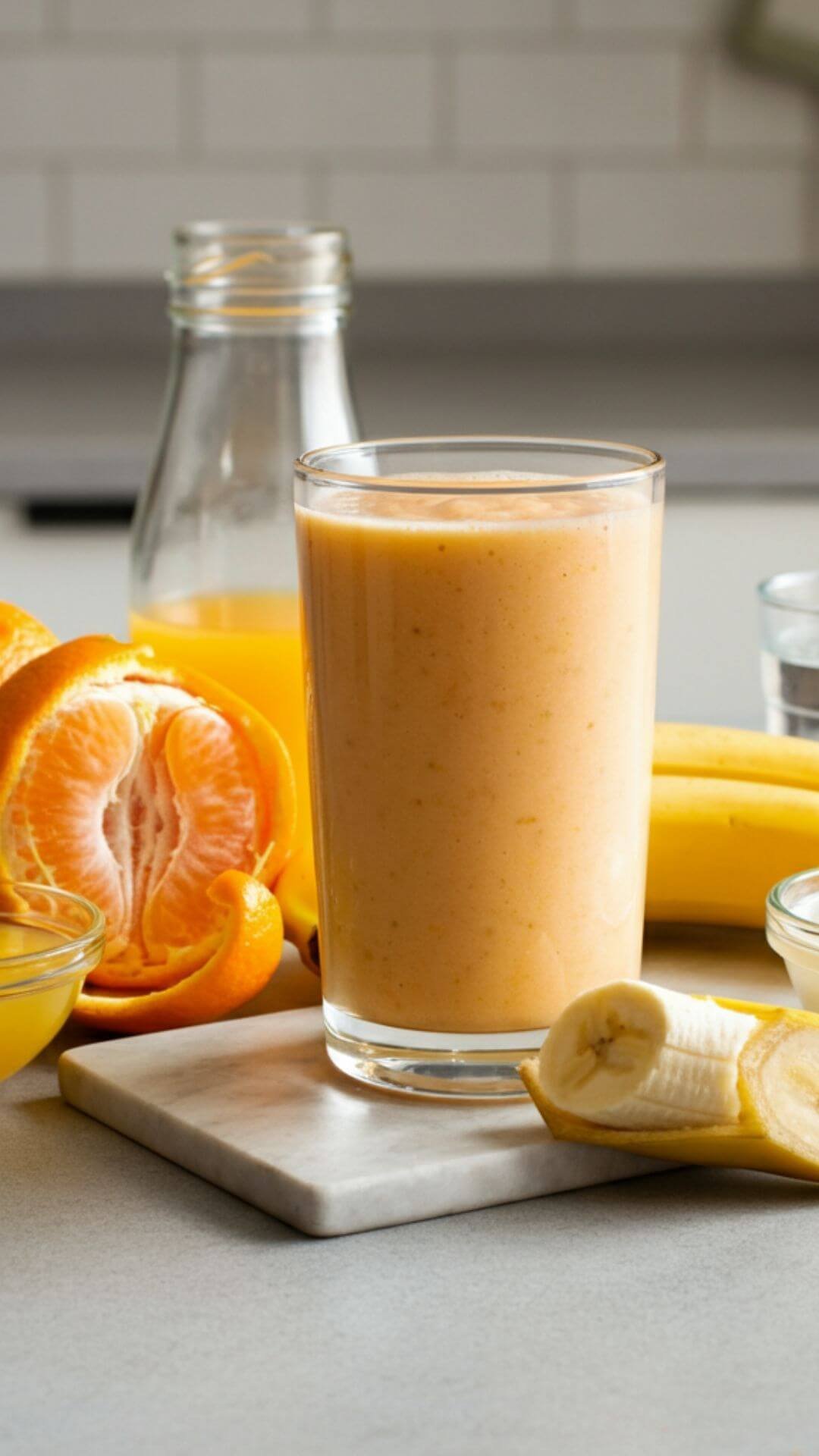 A close look of A vibrant and refreshing smoothie featuring a glass filled with a creamy, light orange-colored drink. Surrounding the glass are fresh ingredients used in the recipe: a peeled orange, a halved lemon with a small bowl of juice, half a banana, a small cup of Greek yogurt, and a clear glass of water. The scene is set on a bright, clean kitchen countertop with soft natural lighting, emphasizing the fresh and zesty vibe.