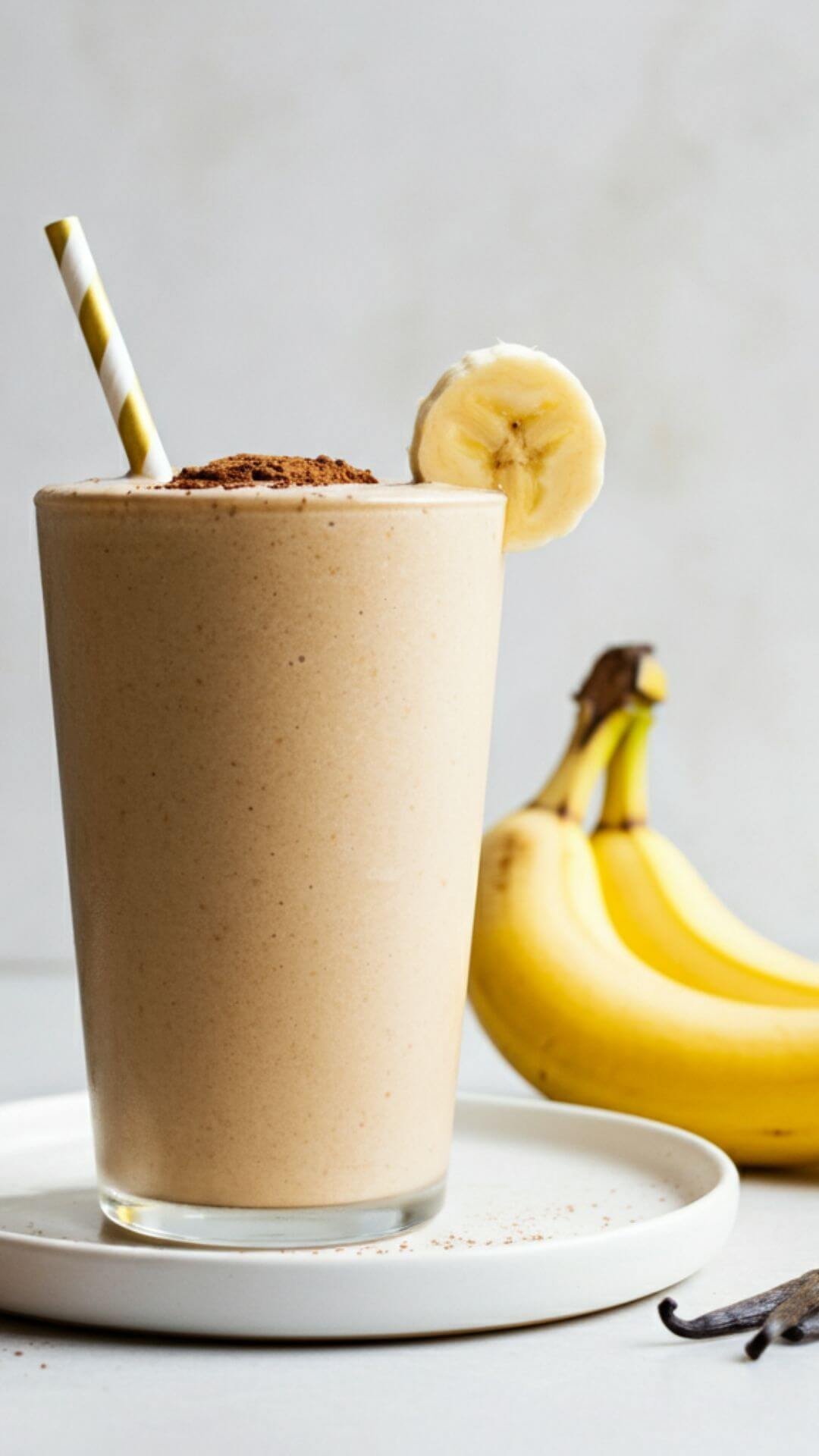 A clear, bright photo of a Coffee Banana Smoothie served in a tall glass with a straw, placed on a white dish. The smoothie is light brown in color, topped with a sprinkle of cocoa powder and a small banana slice on the rim. Surrounding the glass are the raw ingredients: a ripe banana, a small bottle of cold brew coffee, a teaspoon of cocoa powder, and a small bottle of vanilla extract. The background is minimalist with soft, natural lighting to emphasize the freshness and simplicity of the recipe.