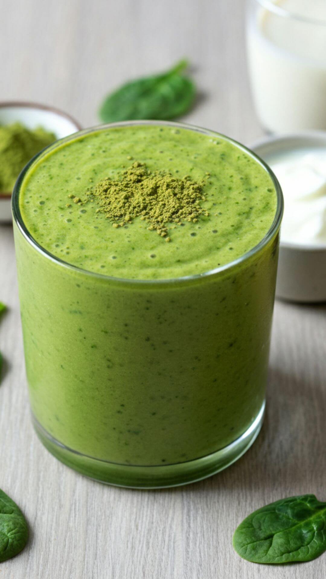 A vibrant, creamy green smoothie in a clear glass, topped with a sprinkle of matcha powder and a small banana slice placed on light wooden table. Surround the glass with fresh spinach leaves, a scoop of Greek yogurt, a small bowl of matcha powder, and a glass of almond milk. Bright and clean lighting to emphasize freshness and health.