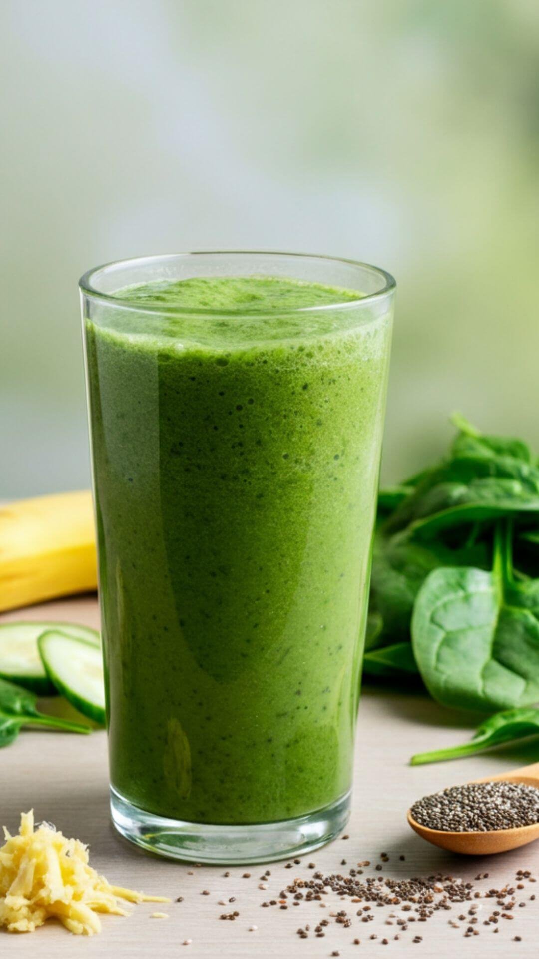 A vibrant of a refreshing green smoothie in a tall glass, surrounded by the raw ingredients: a cup of unsweetened almond milk, half a frozen banana, chopped cucumber, a small pile of chia seeds, grated ginger, and fresh spinach leaves. Include a wooden spoon, a sprinkle of chia seeds on the table, and a light, natural background for a clean, healthy vibe.