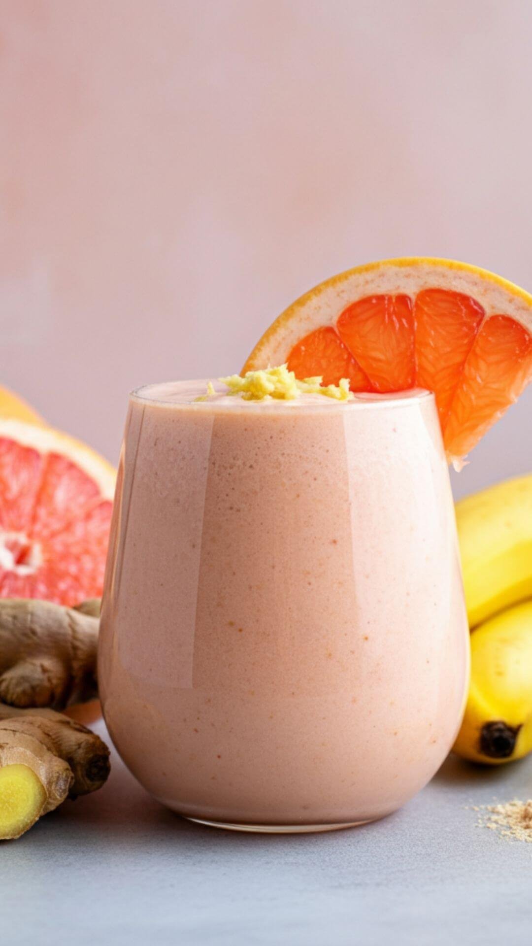 A vibrant smoothie in a clear glass, with a creamy pale pink hue, garnished with a thin slice of grapefruit and a sprinkle of grated ginger. Surround the glass with fresh ingredients: a whole grapefruit, a piece of peeled ginger, half a frozen banana, a scoop of protein powder. The background is bright and inviting, evoking a fresh and healthy morning atmosphere.