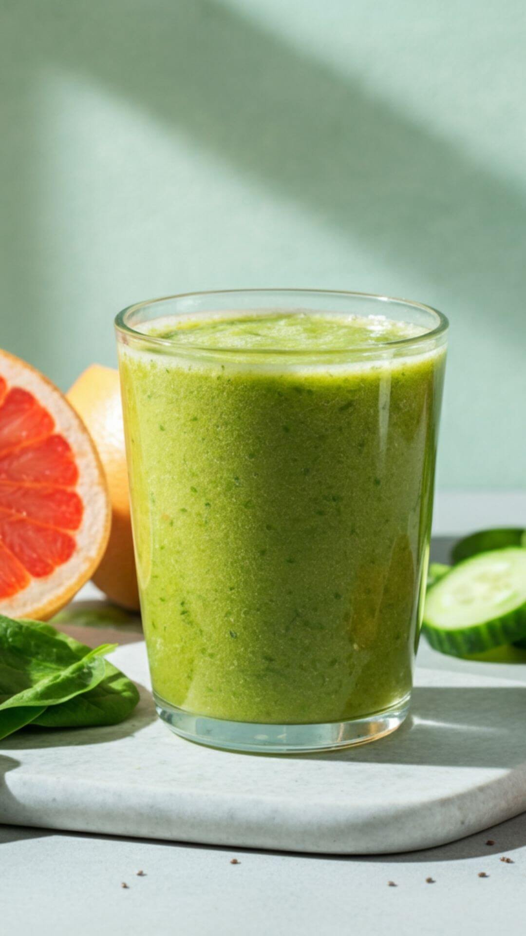 A vibrant and refreshing detox smoothie in a clear glass, showcasing a light green hue with hints of grapefruit pulp. Surround the glass with fresh ingredients: a peeled grapefruit, a handful of spinach leaves, sliced cucumber, a small bowl of chia seeds. The background is bright and minimal, with natural lighting highlighting the freshness of the ingredients.