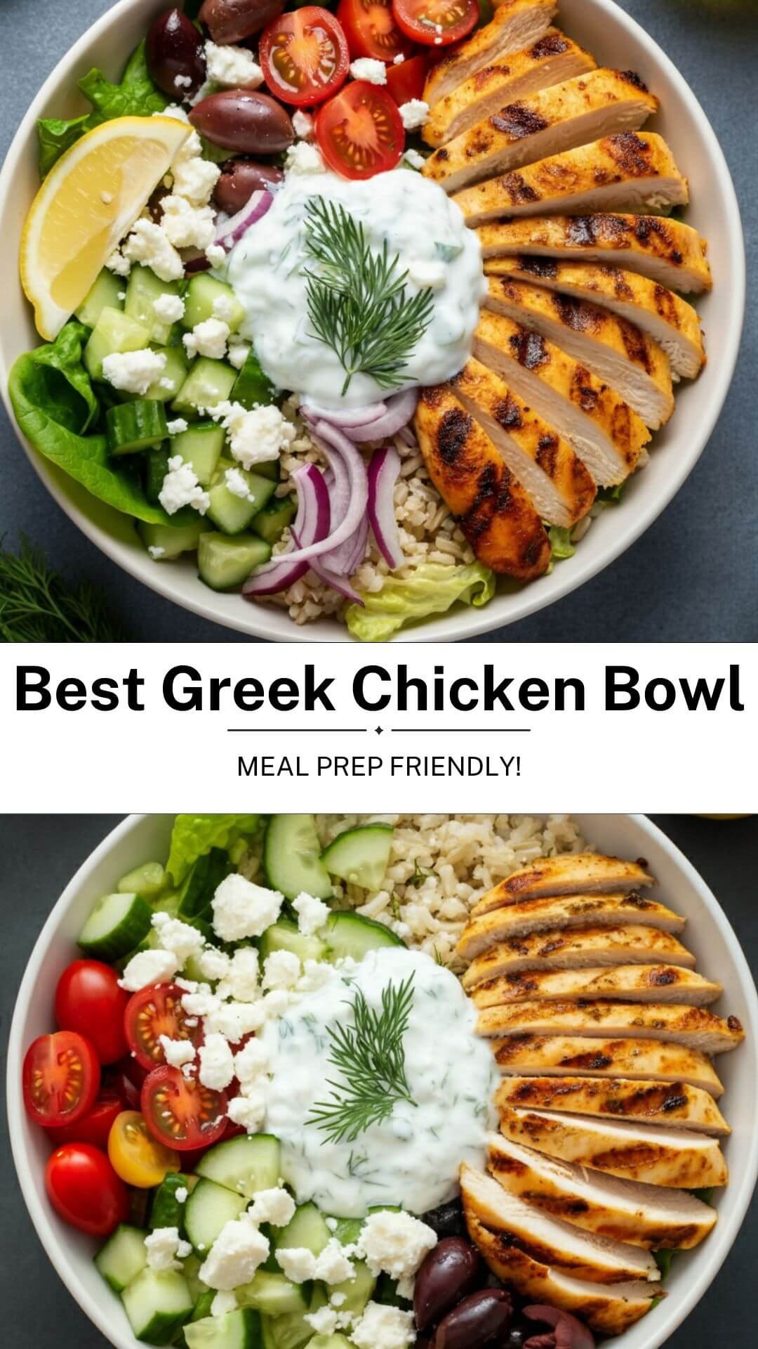 This Greek chicken bowl is the perfect balance of protein, fiber, and Mediterranean flavors! Made with marinated chicken, feta cheese, olives, cucumber, and tzatziki, it's an easy weeknight dinner or meal prep lunch. Try this low-carb recipe today! 