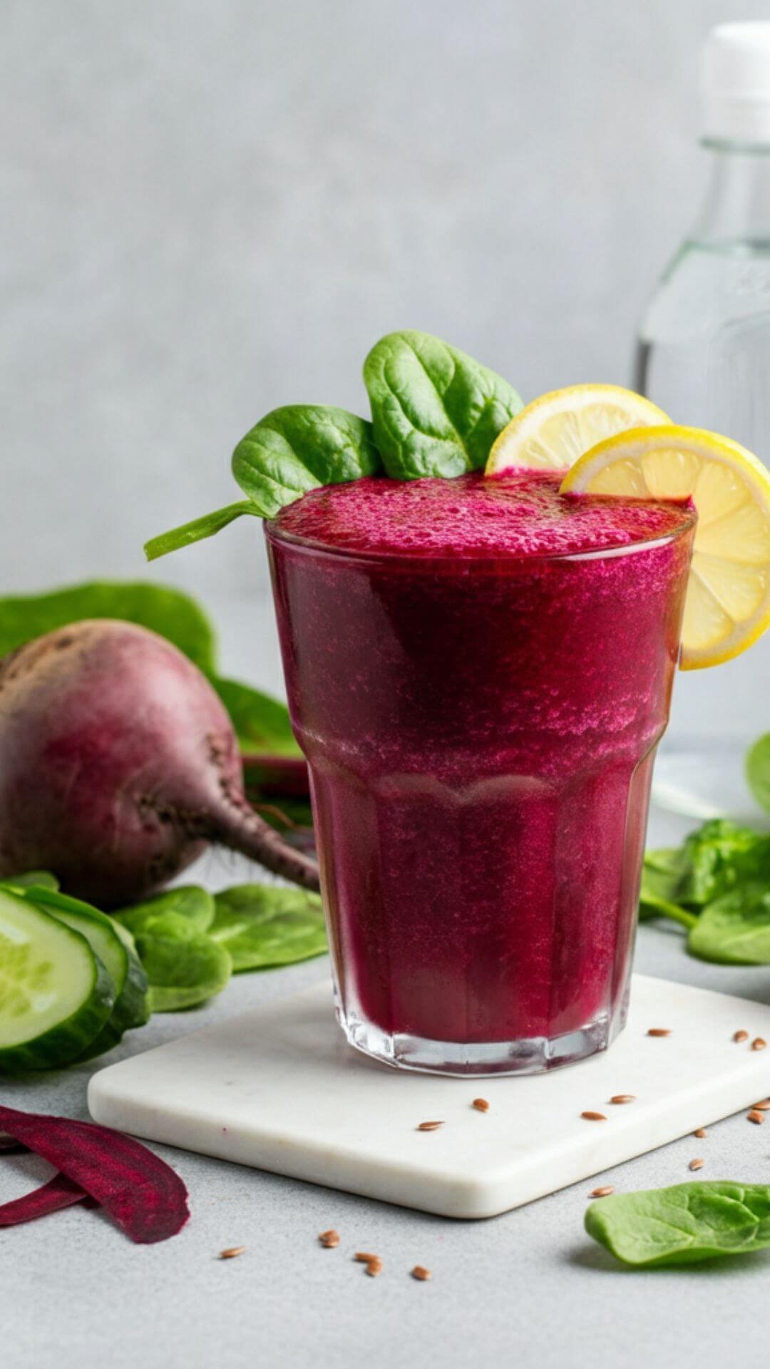 A vibrant, fresh smoothie in a clear glass, showcasing a deep reddish-purple hue from raw beetroot, with a garnish of fresh spinach leaves and a lemon wedge on the side. Surround the glass with the raw ingredients: a peeled beetroot, fresh spinach, half a cucumber, a small bowl of flaxseeds, and a bottle of coconut water. The setting is bright and clean, with a focus on natural, healthy ingredients.