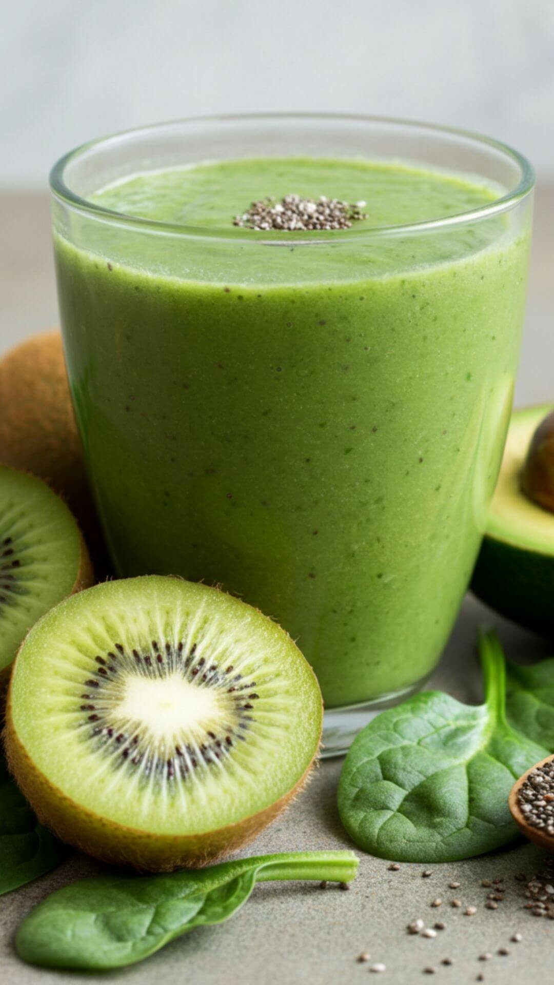 A vibrant smoothie in a clear glass, showcasing a rich green color. Surround it with fresh ingredients: two whole kiwis (one halved to show the inside), a handful of spinach leaves, half an avocado, a small pile of chia seeds. The background is bright and fresh, with soft natural lighting highlighting the smoothie’s creamy texture.