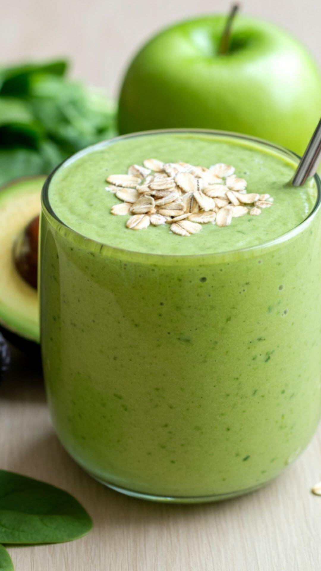A vibrant green oatmeal detox smoothie served in a clear glass, topped with a sprinkle of rolled oats and a small slice of green apple. The background features fresh baby spinach leaves, half an avocado, a whole green apple, and a small bowl of rolled oats on a light wooden surface. Natural lighting highlights the creamy texture and fresh ingredients.