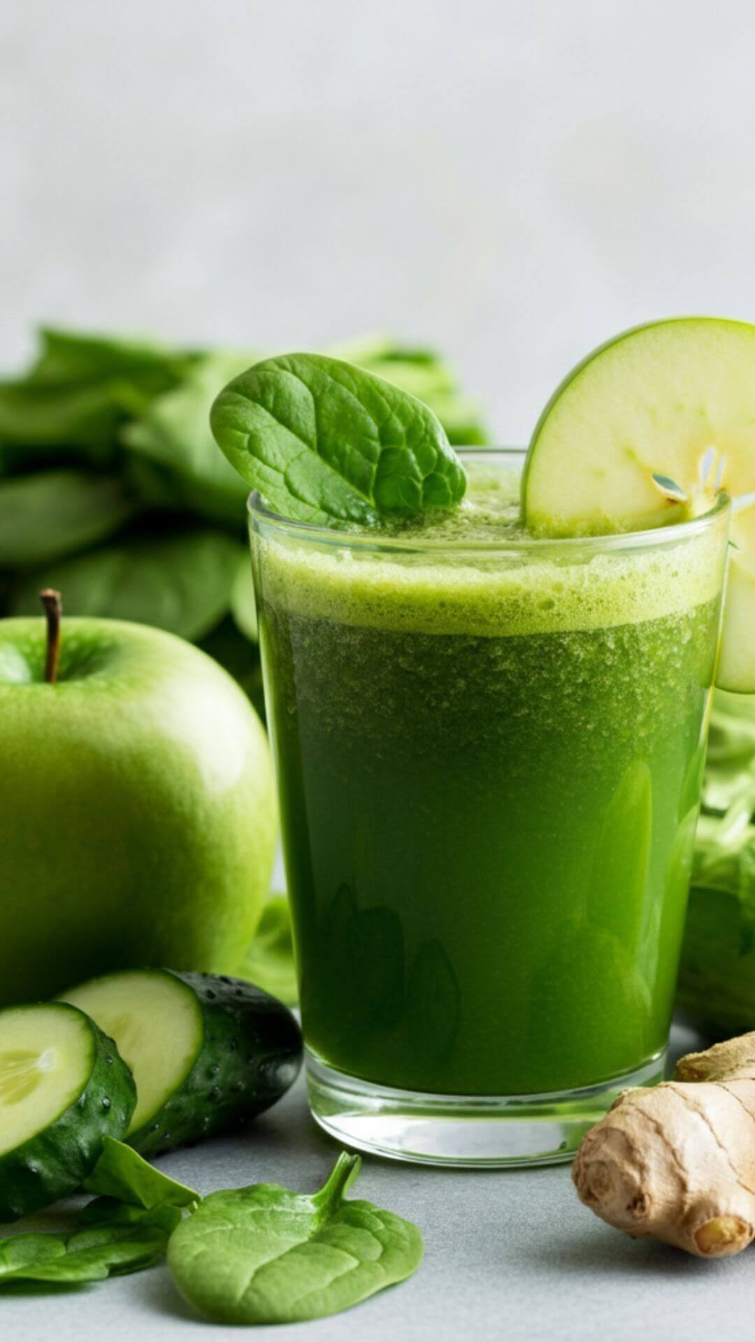 A vibrant, refreshing green detox smoothie in a clear glass, garnished with a slice of green apple and a sprig of spinach. Surround the glass with fresh ingredients: spinach leaves, a halved cucumber, a green apple, a lemon wedge, and a small piece of grated ginger. The background is bright and clean, with a natural, healthy vibe.
