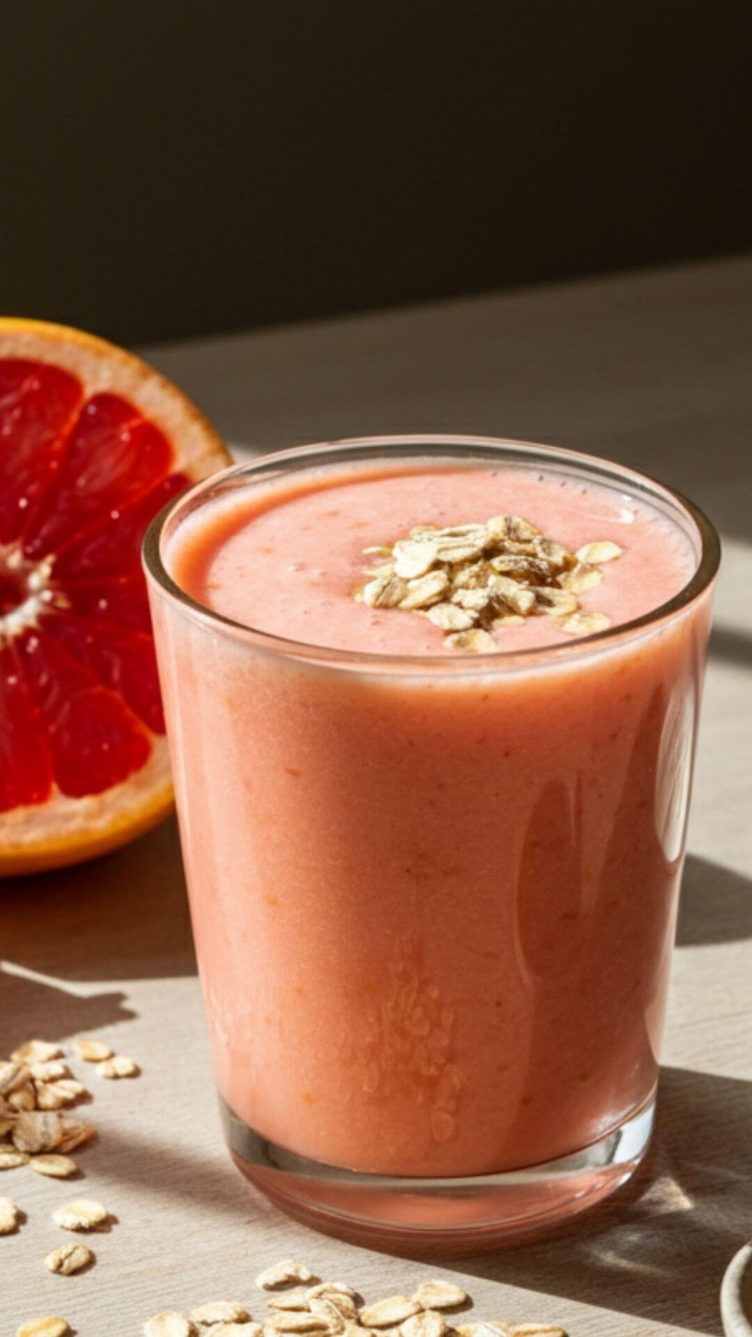 A vibrant smoothie in a clear glass, with a soft pink hue from grapefruit and a creamy texture. Surround the glass with its fresh ingredients: a ripe grapefruit, a small bowl of Greek yogurt, a drizzle of honey, rolled oats. Style it on a light wooden table with soft morning sunlight streaming in.