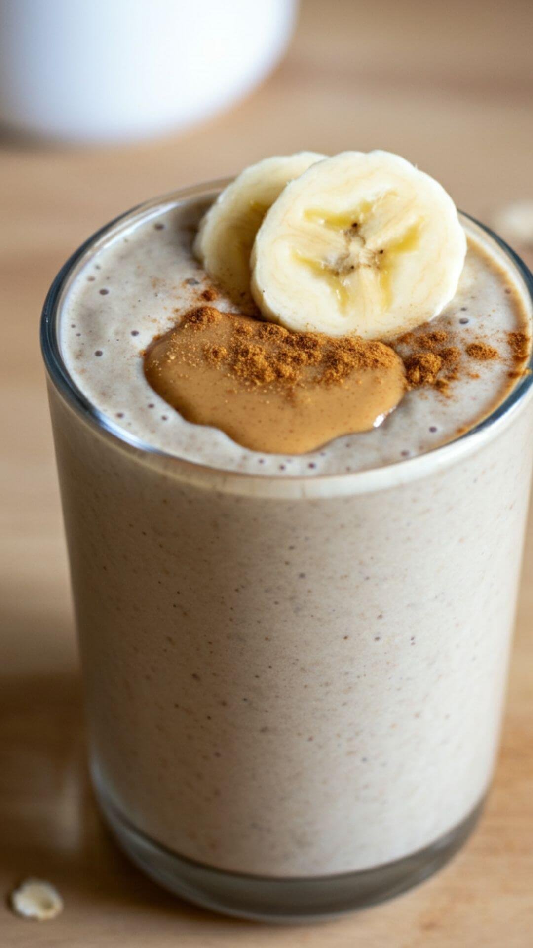 A vibrant image of a creamy peanut butter banana oatmeal smoothie in a clear glass, topped with a sprinkle of cinnamon, a slice of banana, and a drizzle of peanut butter. Set on a light wooden countertop with soft, natural lighting for a fresh and inviting feel.