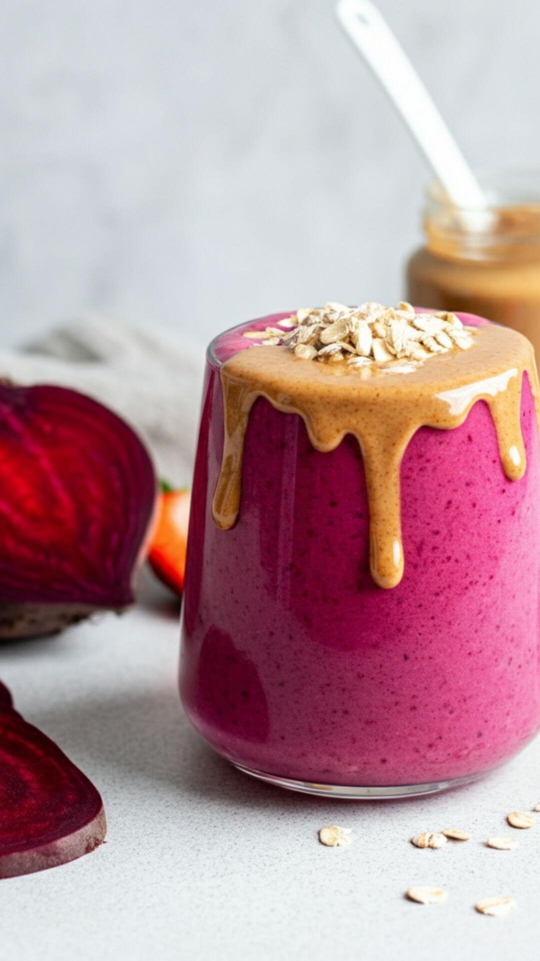 A vibrant smoothie in a clear glass, showcasing a rich pink hue from the beetroot and strawberries. Garnish the smoothie with a small drizzle of almond butter and a sprinkle of oats on top. Place the glass on a white  table, surrounded by fresh strawberries, a cooked beetroot sliced in half, a small jar of almond butter, and a scoop of protein powder. Soft natural lighting highlights the freshness of the ingredients.