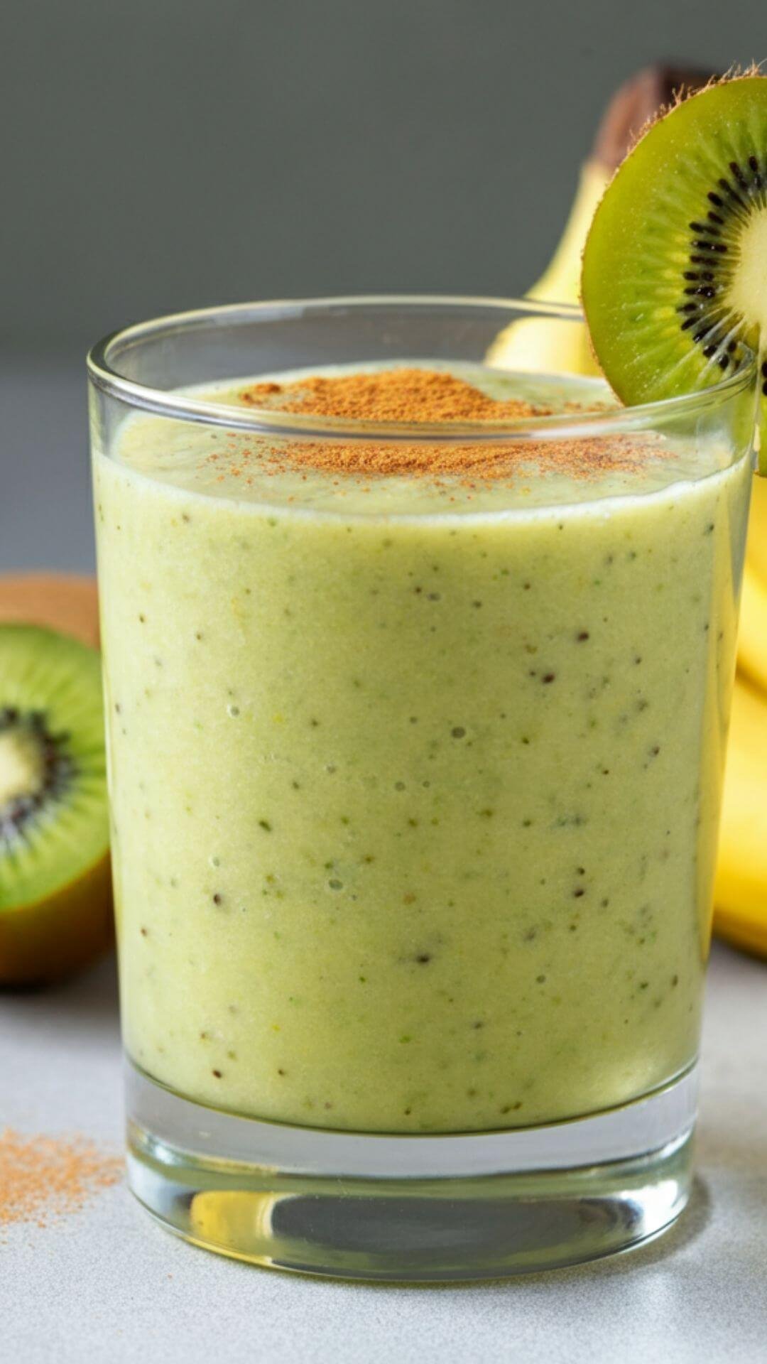A vibrant smoothie in a clear glass, featuring a light green color from blended kiwi and banana. The glass is garnished with a thin slice of kiwi on the rim and sprinkled with a touch of cinnamon on top. Surrounding the glass are the listed ingredients: a whole kiwi, a frozen banana. The background is clean and bright, evoking a fresh, healthy vibe.
