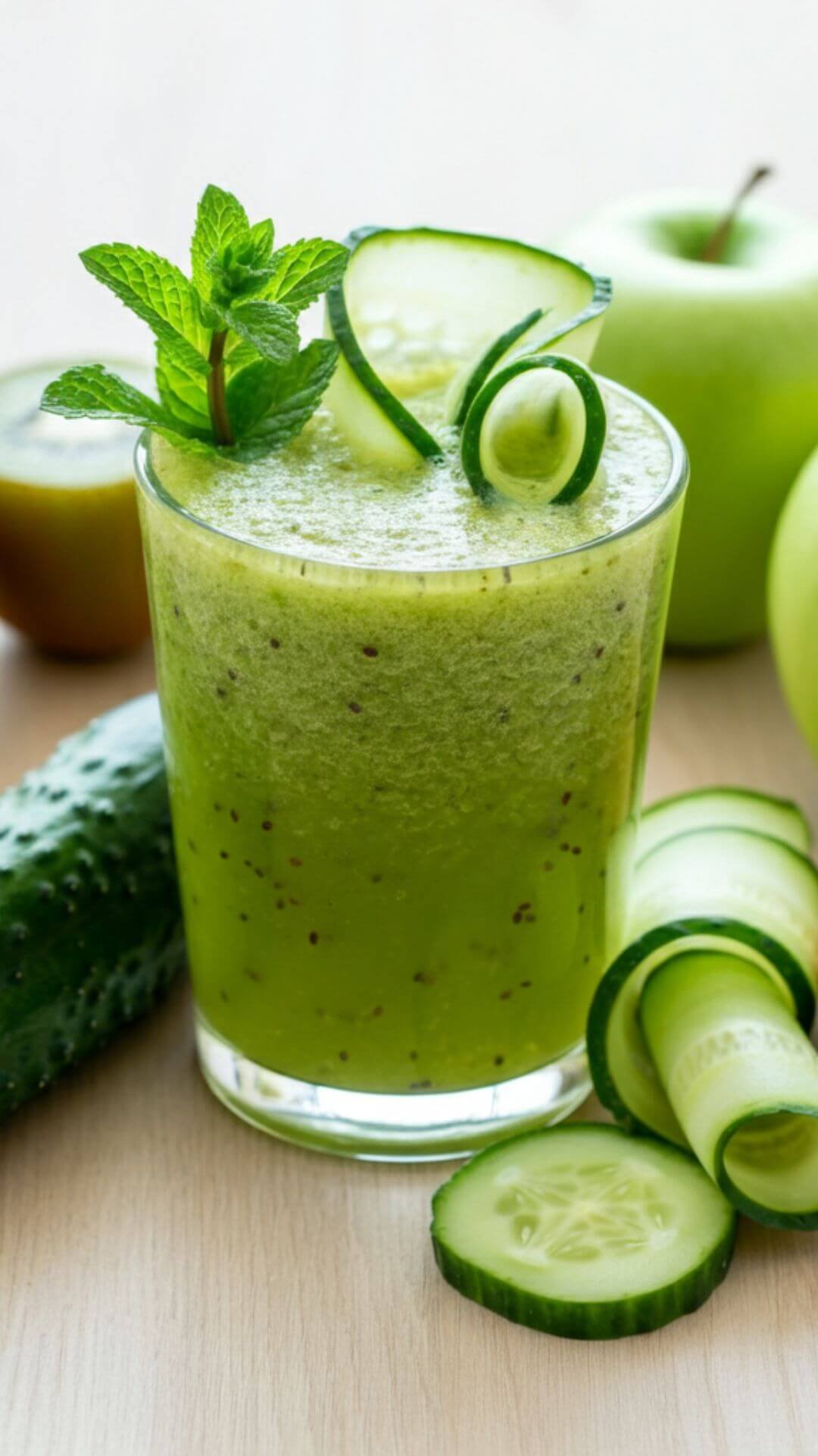 A bright, refreshing drink served in a clear glass, featuring a vibrant green color from blended kiwis, cucumber, and green apple. The glass is garnished with a sprig of fresh mint and thin cucumber slices on the side. Accompanying the drink are whole kiwis, a halved cucumber, and a green apple placed on a light wooden surface, suggesting the fresh ingredients used. The setting is bright and natural, evoking a cool and refreshing vibe.