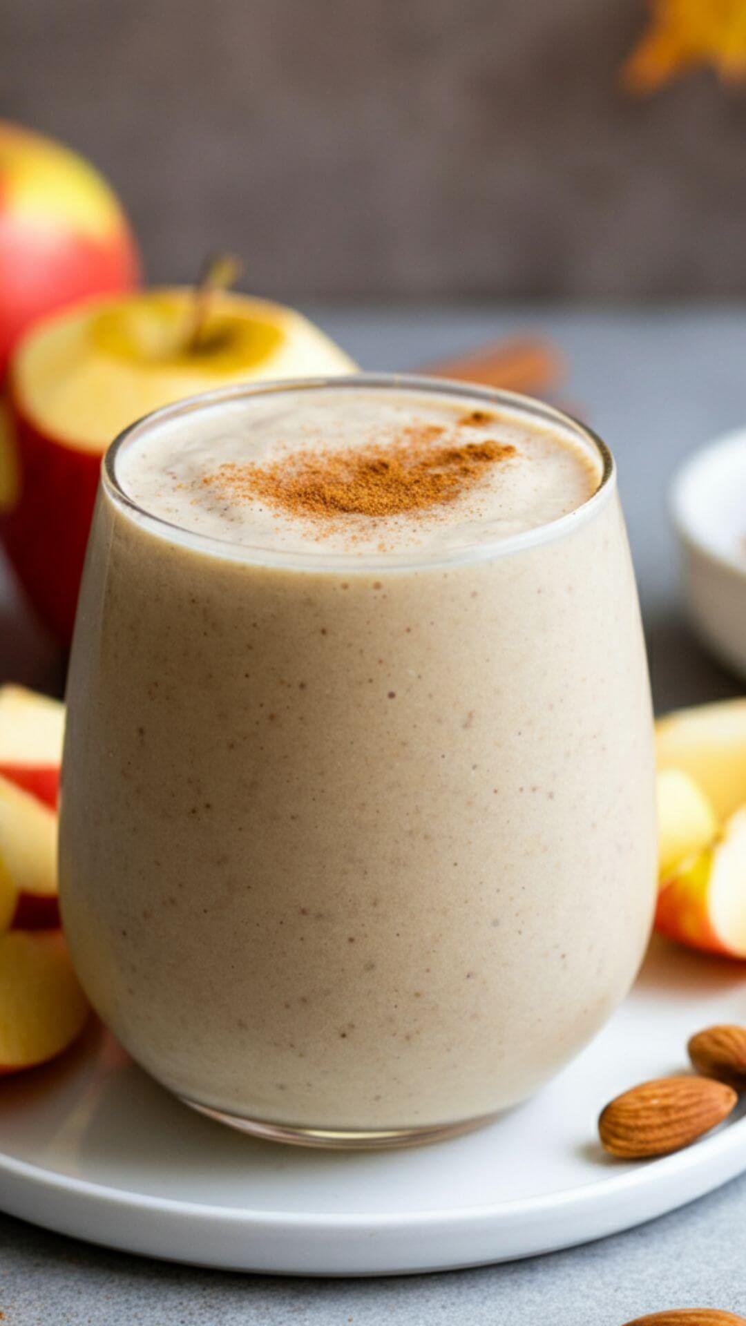 A cozy and inviting scene with a glass of Spiced Apple Detox smoothie placed on a white dish. The smoothie is creamy and light beige, topped with a sprinkle of cinnamon. Beside the glass, place peeled and chopped apple pieces, a small bowl of cinnamon and nutmeg, a few almonds. Add warm, natural lighting with a blurred background of autumn-inspired decor, like a cinnamon stick or a fall leaf, to emphasize the seasonal vibe.