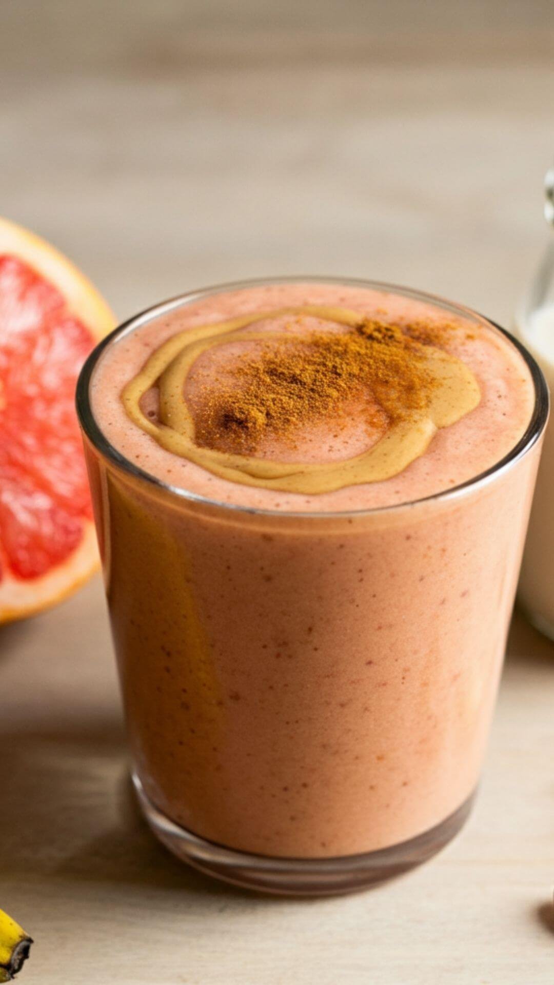 A vibrant smoothie in a clear glass, topped with a sprinkle of cinnamon and a drizzle of almond butter. A halved grapefruit, a frozen banana, and a small jar of almond milk are styled around the glass on a light wooden surface. The scene feels fresh and inviting, with a soft, natural light highlighting the creamy texture of the smoothie.