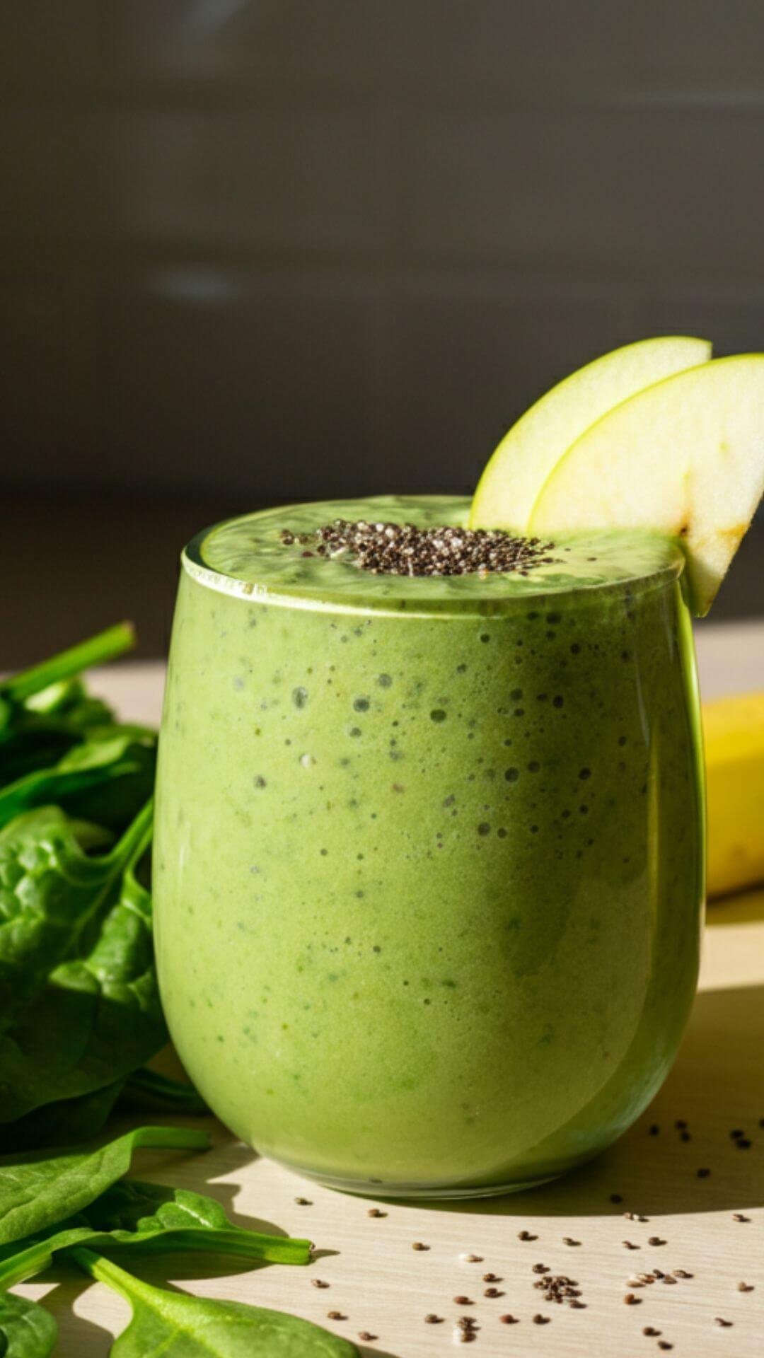 A bright and refreshing green smoothie served in a clear glass on a light wooden countertop. The smoothie has a creamy, vibrant green color, topped with a sprinkle of chia seeds and a fresh apple slice for garnish. Surround the glass with fresh spinach leaves, a frozen banana, half an apple, a small bowl of chia seeds. Natural sunlight streams in from the side, creating a fresh and healthy vibe.