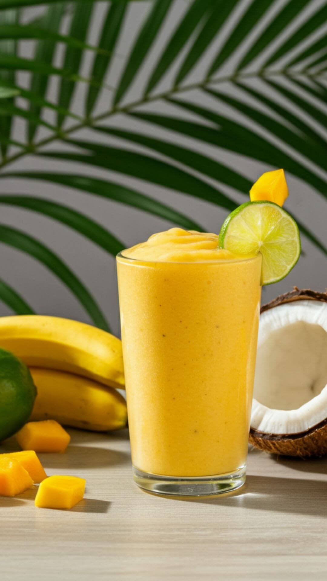 A vibrant tropical smoothie in a clear glass, garnished with a lime wedge and a small piece of mango. The smoothie is a creamy yellow-orange color, with a tropical setting in the background—think palm leaves, bright sunlight, and a lightwooden table. Include fresh banana, mango chunks, and a small coconut as props around the glass for a bright, fresh, and inviting presentation.