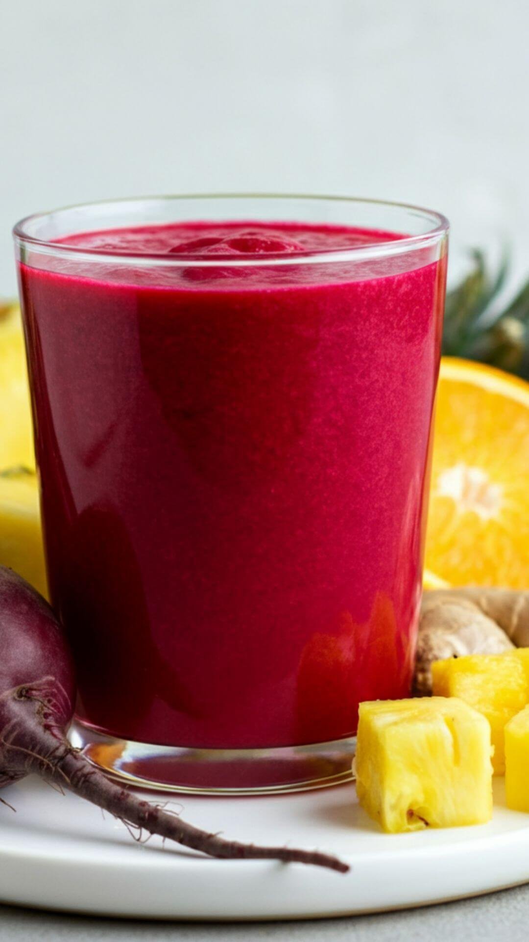 A close look of A vibrant smoothie in a clear glass, showcasing a rich pinkish-red color from the beet. Surround the glass with fresh ingredients: a small cooked beetroot, pineapple chunks, half an orange, a piece of grated ginger. and garnish the smoothie with a small pineapple wedge or orange slice on the rim. Place the glass and ingredients on a white dish the background is light