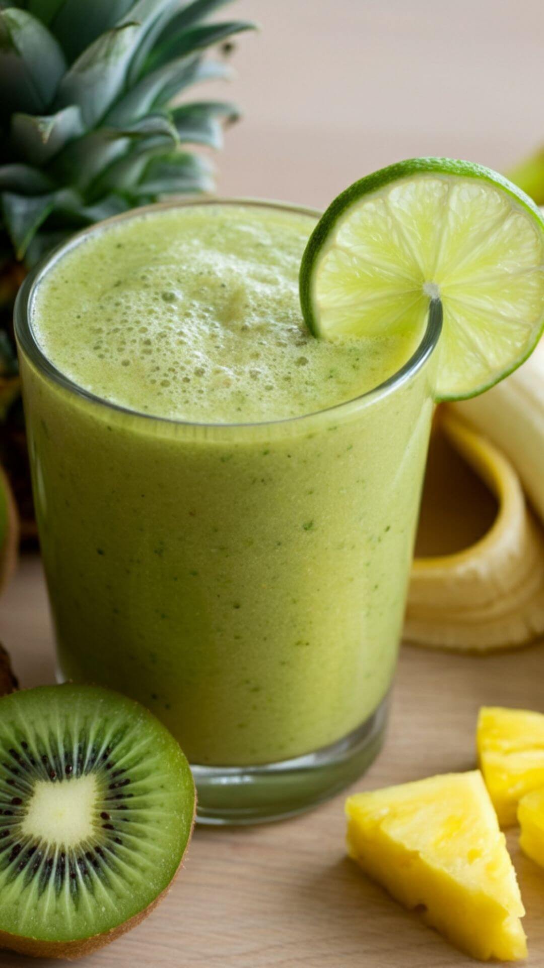 A vibrant smoothie featuring a tropical blend of green and yellow tones. Showcase a glass filled with a creamy green smoothie garnished with a lime wedge. Surround the glass with fresh kiwis, a peeled banana, pineapple chunks. Set the scene on a light wooden surface