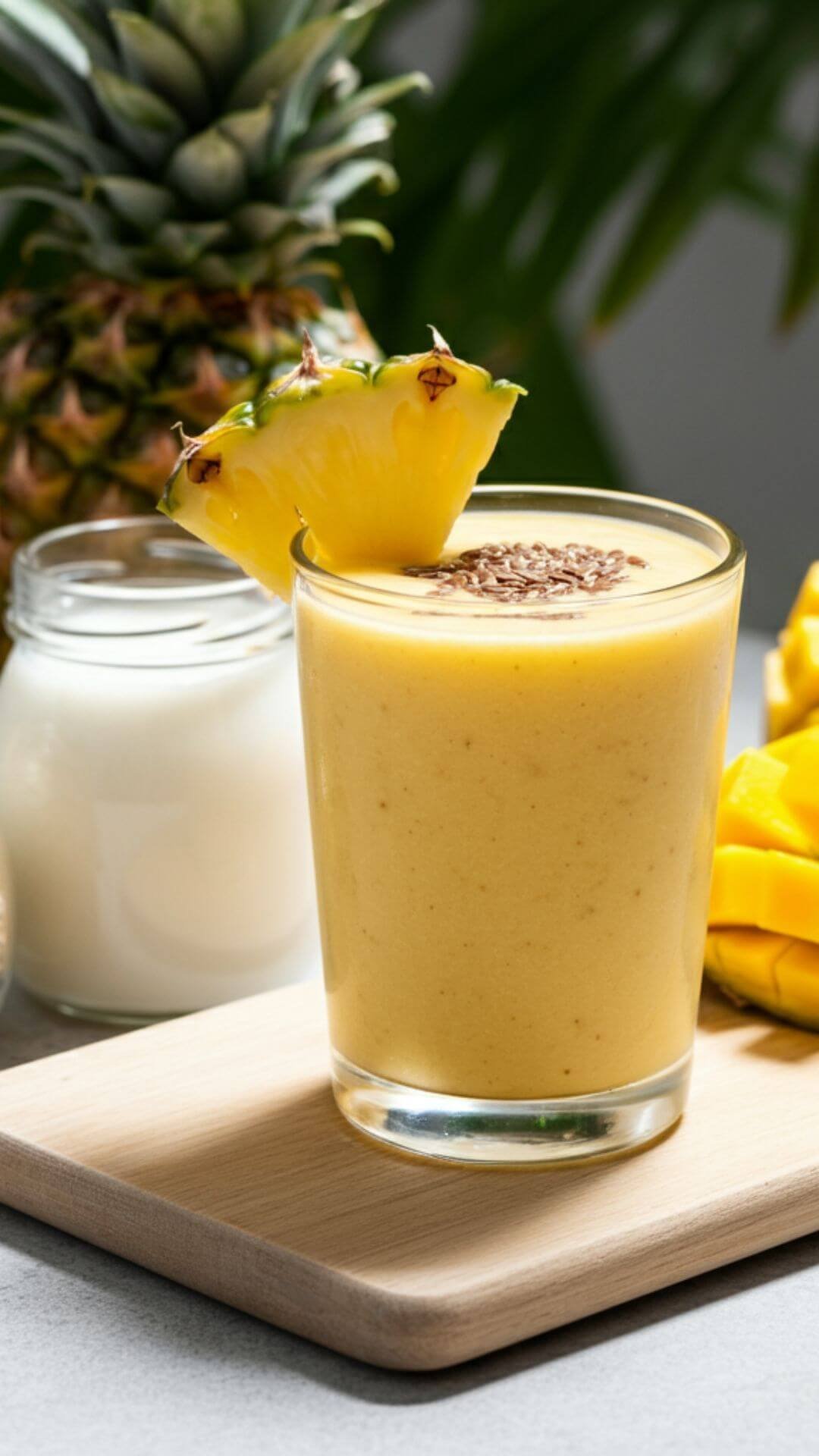A vibrant tropical smoothie in a clear glass, topped with a sprinkle of flaxseeds and a slice of fresh pineapple. Surround the glass with rolled oats, coconut milk in a small jar, and fresh chunks of mango and pineapple on a light wooden board. The background is bright and sunny, evoking a tropical paradise vibe.