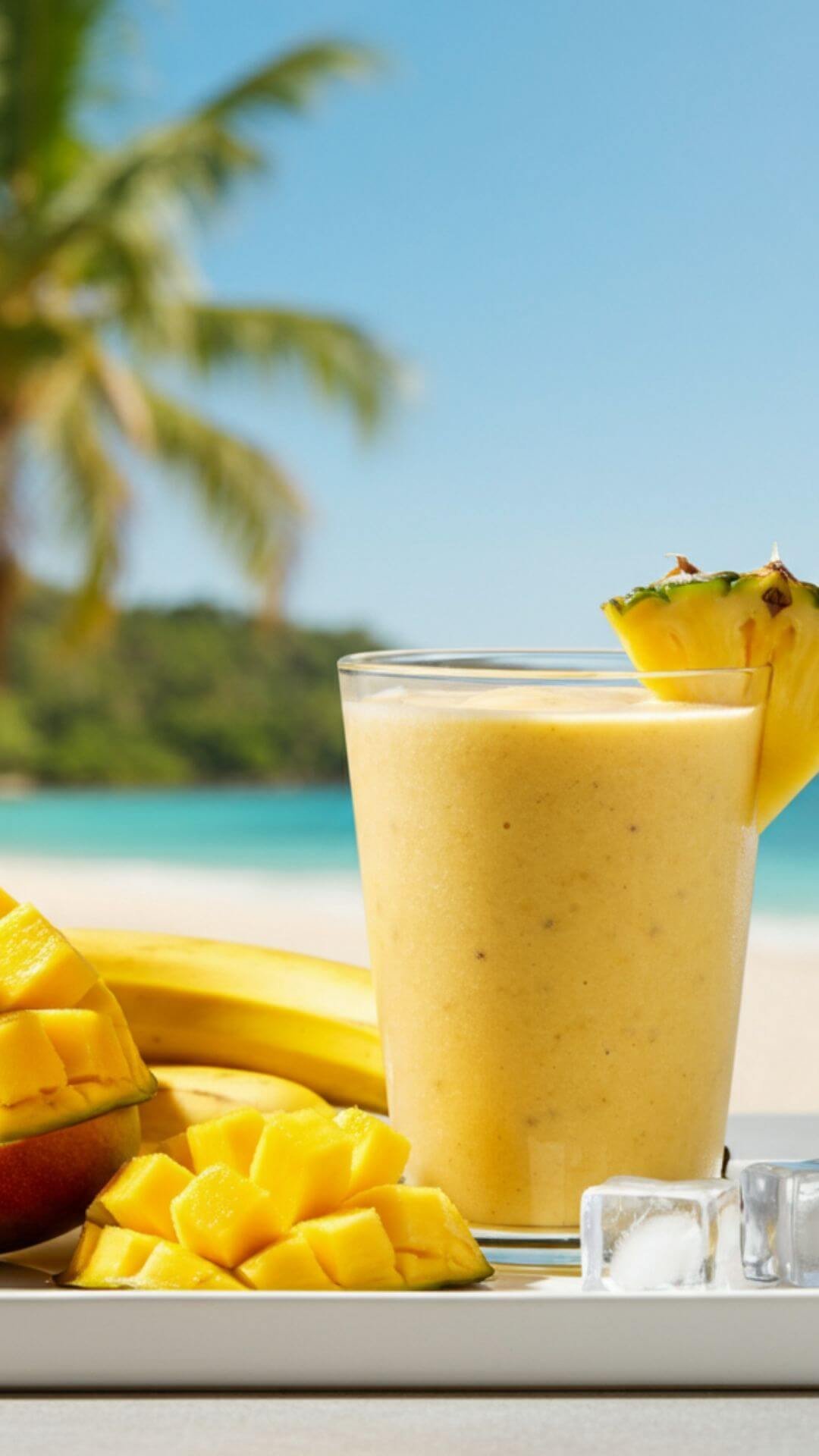 A close look of A vibrant tropical smoothie scene with bright yellow pineapple chunks, juicy orange mango slices, a halved banana, a glass of creamy almond milk, and ice cubes on a white dish. In the background, a sunny beach setting with palm trees and turquoise waters, evoking a tropical paradise vibe. The smoothie is served in a clear glass, garnished with a small slice of pineapple on the rim, and placed on a clean, minimal surface.