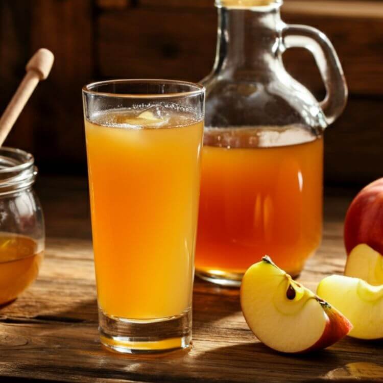 A refreshing glass of apple cider vinegar elixir placed on a wooden countertop. The drink is light amber in color with a slight frothy swirl on top, served in a clear tall glass.