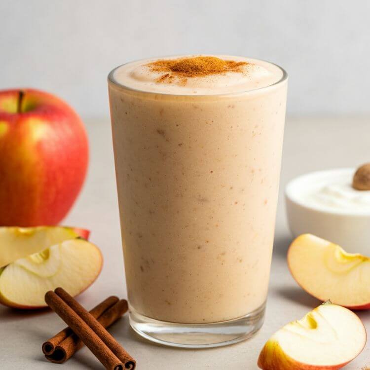 A delicious, cozy apple pie smoothie in a clear tall glass, topped with a sprinkle of cinnamon and a dash of nutmeg, placed on a light wooden table.