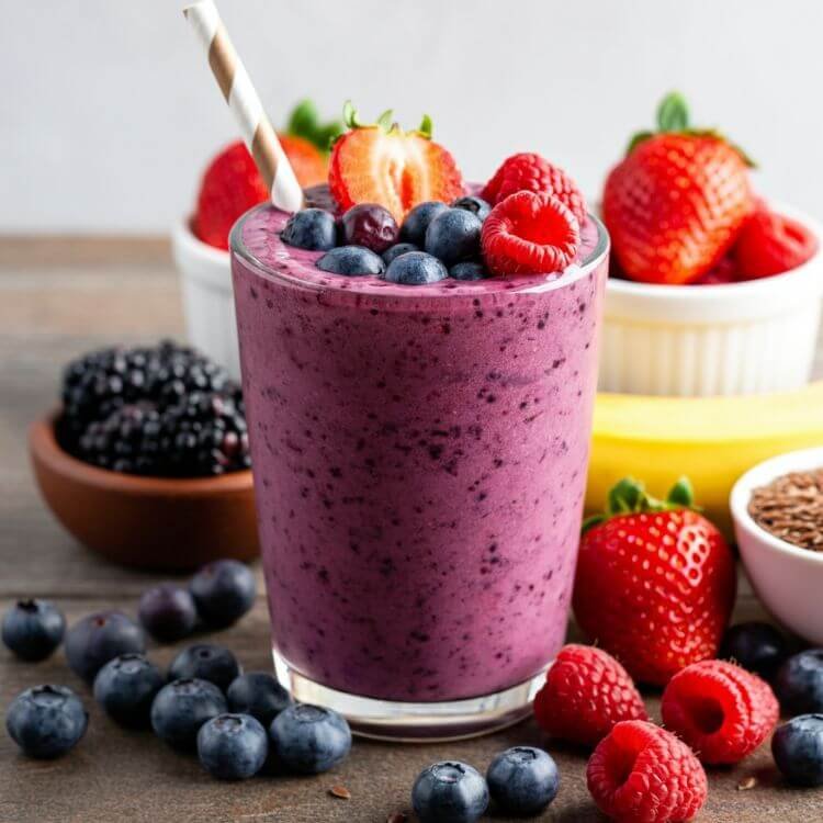A vibrant glass of berry smoothie placed on a rustic wooden table, surrounded by fresh mixed berries (blueberries, strawberries, raspberries), a halved banana, a small bowl of flaxseeds. The smoothie is a rich, deep purple color, served in a clear glass with a reusable straw, and garnished with a few fresh berries on top