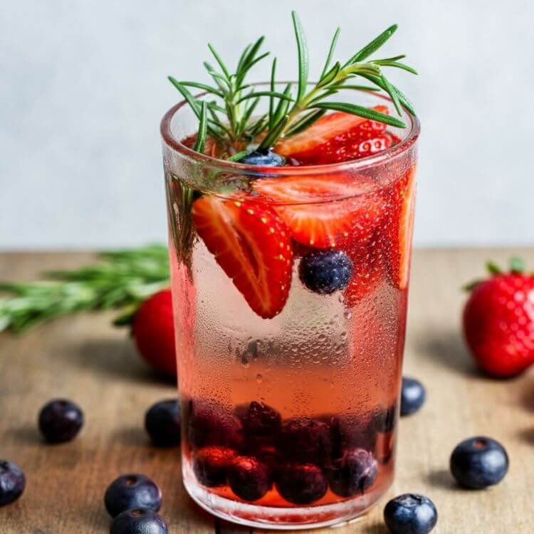A tall glass filled with slight red water, vibrant red strawberry slices, plump blueberries, and fresh green sprigs of rosemary or basil floating inside.