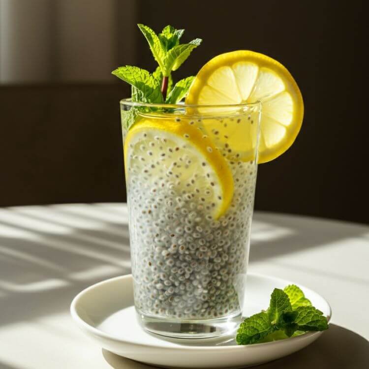A  tall glass of chilled lemonade with visible chia seeds floating in the drink, garnished with a lemon wedge and fresh mint leaves, placed on a white dish with natural sunlight.