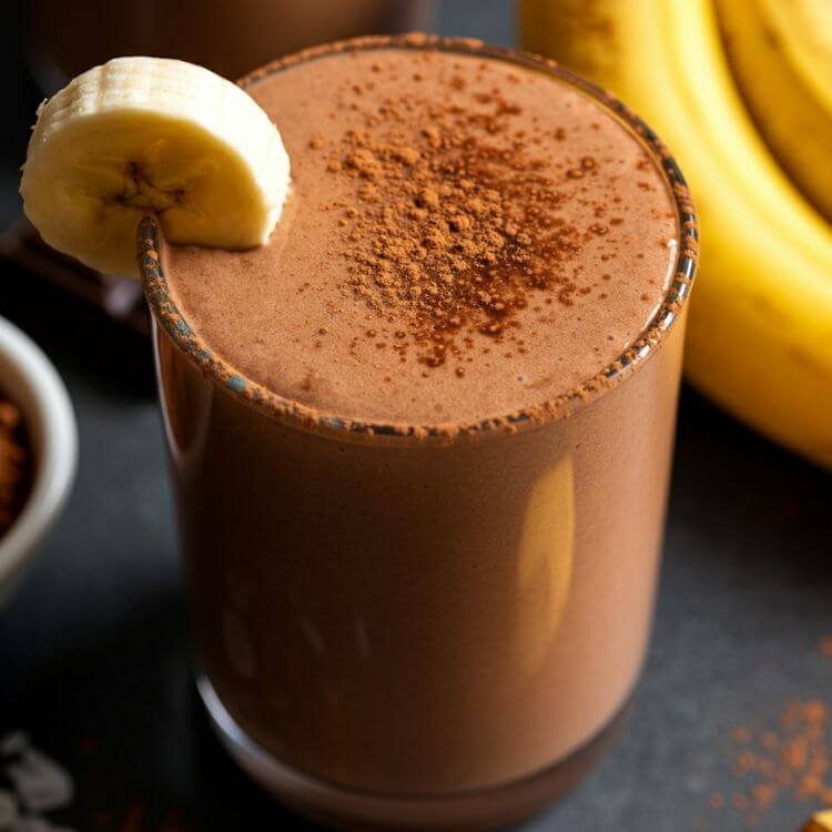 A visually appealing close-up of a chocolate banana smoothie in a glass, garnished with a small banana slice and a sprinkle of cocoa powder on top.