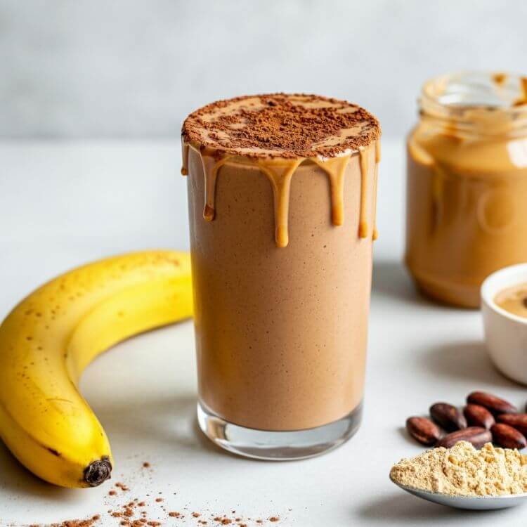 A vibrant photo of a Chocolate Peanut Butter Protein Smoothie in a clear tall glass, topped with a sprinkle of cacao powder and a small drizzle of peanut butter