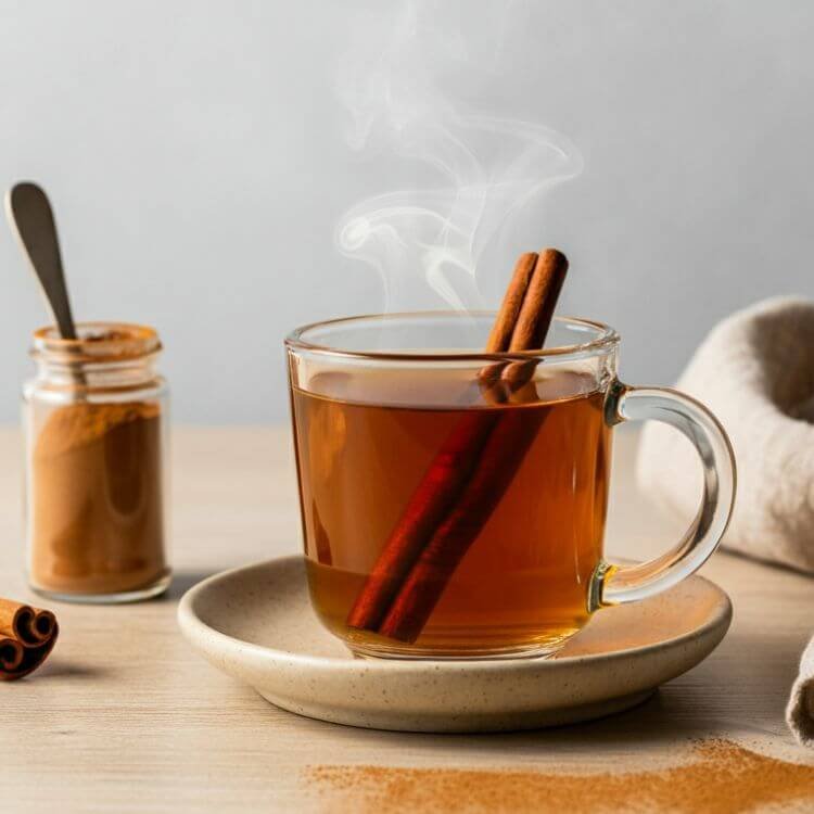 A cozy cup of cinnamon detox tea placed on a light wooden countertop. The tea is a warm amber color, with a cinnamon stick resting in the cup. Steam gently rises from the tea, creating a soothing, inviting atmosphere.