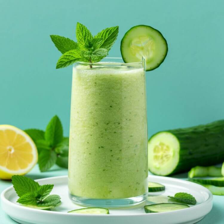 A vibrant, refreshing cucumber smoothie in a clear tall glass, garnished with a slice of cucumber and a sprig of fresh mint. The smoothie is a creamy light green color, sitting on a big white dish with scattered mint leaves, a halved lemon, and a peeled cucumber nearby. The scene is bright and inviting, with natural lighting that emphasizes freshness and health.