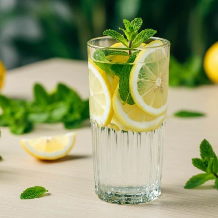 A refreshing tall glass filled with sliced lemon wheels, fresh mint leaves, and crystal-clear water, sitting on a light wooden table.