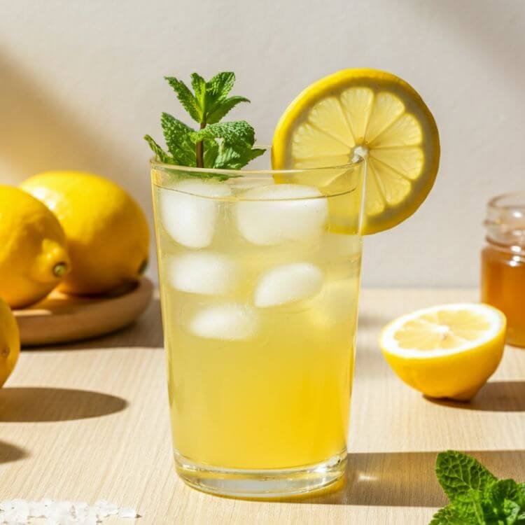 A bright, refreshing glass of classic lemonade sits on a light wooden table, surrounded by fresh lemons, a small jar of honey, and a pinch of sea salt. The lemonade is served chilled, with ice cubes glistening and a thin lemon slice perched on the rim of the glass. natural sunlight streaming in, creating a fresh and inviting atmosphere.