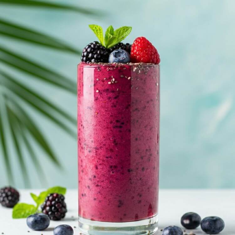A vibrant smoothie in a clear tall glass, garnished with fresh berries and a sprinkle of chia seeds, set on a light, tropical background.