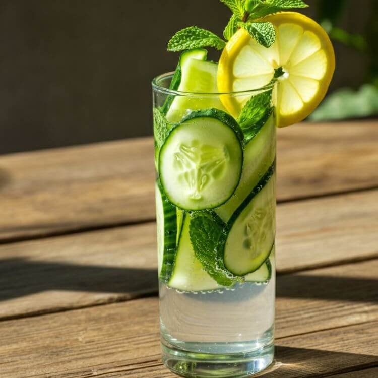 A tall glass filled with cucumber slices, fresh mint leaves, and sparkling water, garnished with a lemon slices and a sprig of mint, placed on a wooden table in natural sunlight.