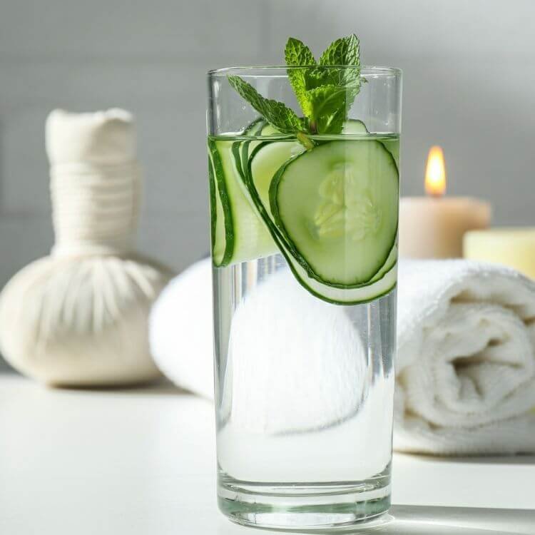 A clear tall glass filled with chilled water, vibrant green cucumber slices, and fresh mint leaves floating inside.