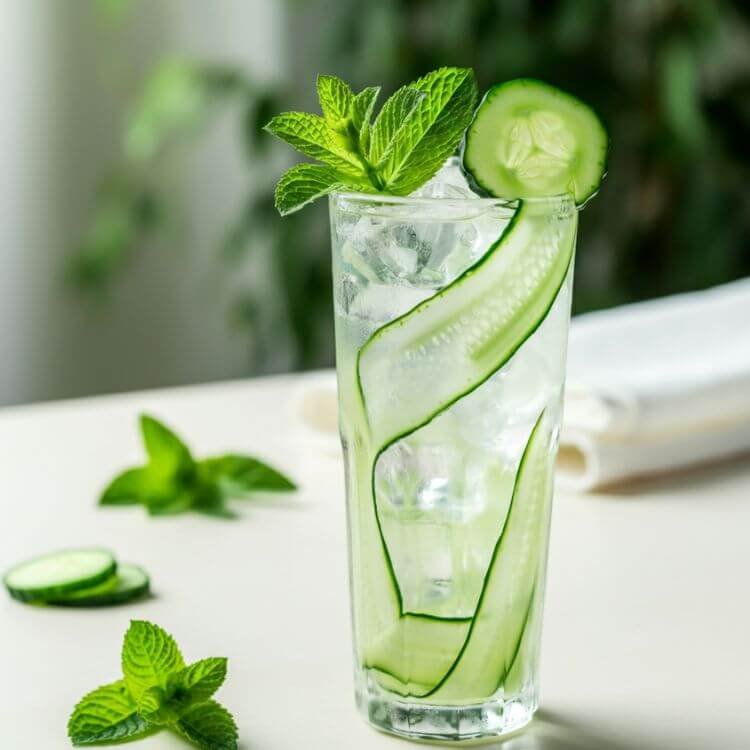 A refreshing tall glass of cucumber mint drink served over ice, garnished with fresh mint leaves and a cucumber slice.