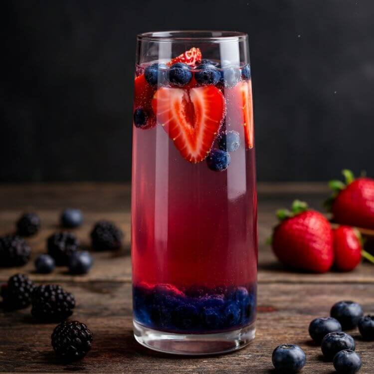 A refreshing glass of Detox Berry Splash: a clear tall glass filled with sliced strawberries and a handful of blueberries floating in crystal-clear water.