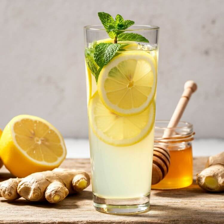 A refreshing clear tall glass of ginger lemonade placed on a rustic wooden table. The drink is a light yellow color with visible slices of lemon and grated ginger floating inside. A sprig of fresh mint is placed on top for garnish.