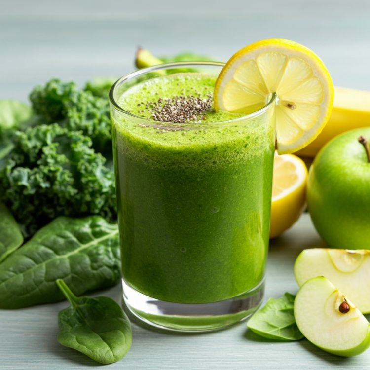 A vibrant green detox smoothie in a clear tall glass, garnished with a slice of lemon and a sprinkle of chia seeds.